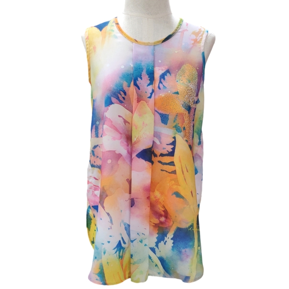 Dawn Davis Art & Sol sleeveless top women's small yellow pink blue water colors